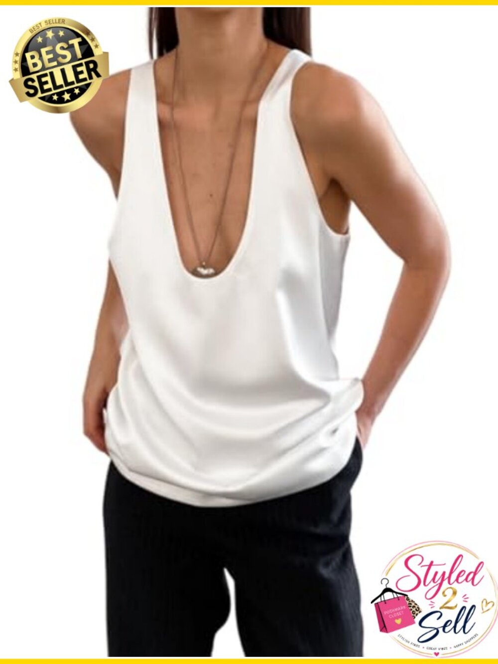 Women's Satin V Neck Camisole Tank Top Loose Fit Sleeveless Shirt